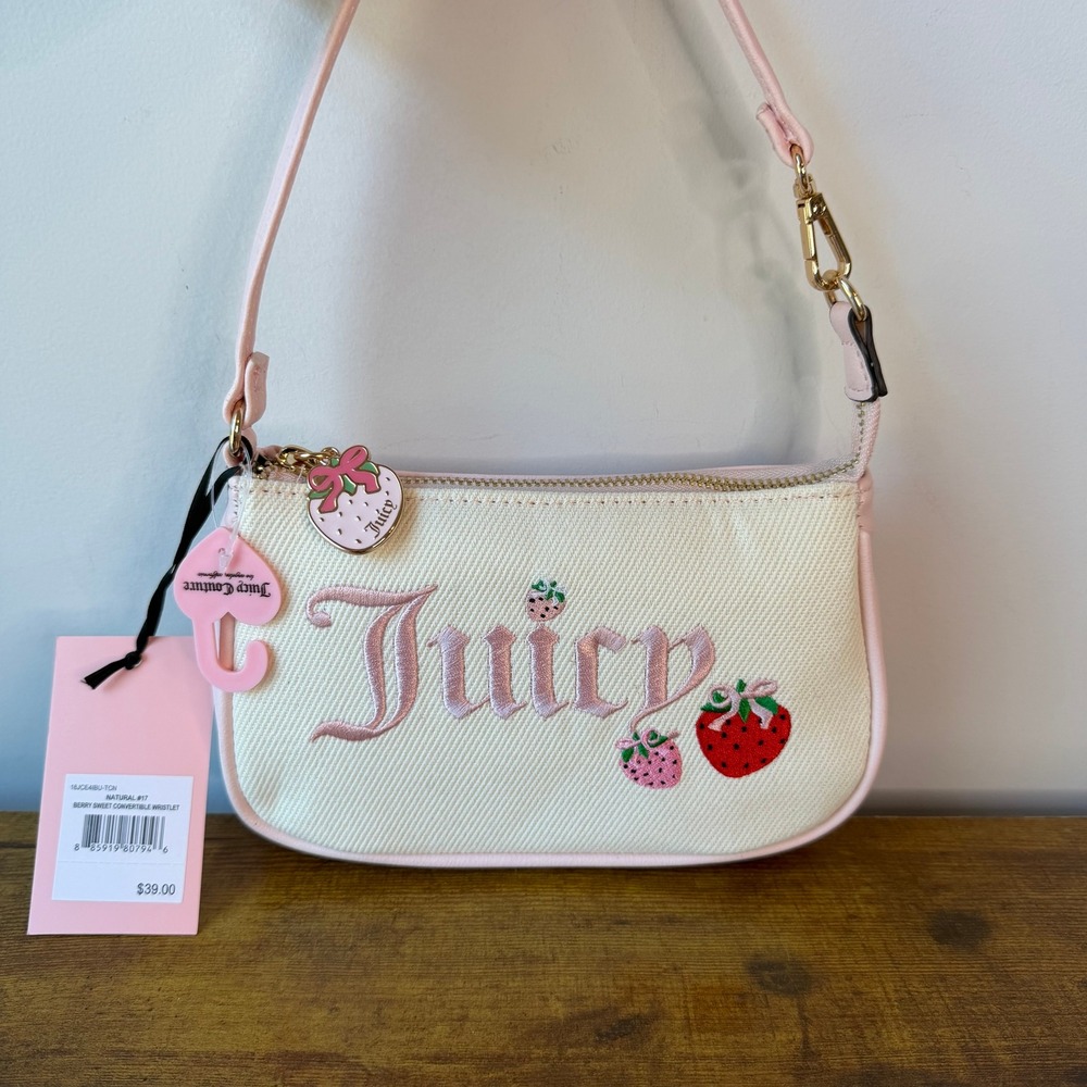 New Juicy Couture Berry Sweet Wristlet Clutch Wallet Cream Pink Y2K Strawberry